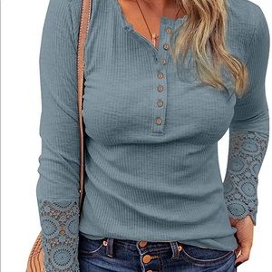 Gorgeous Crochet Hollow-Out Sleeve Button Down Ribbed Knitted Top.